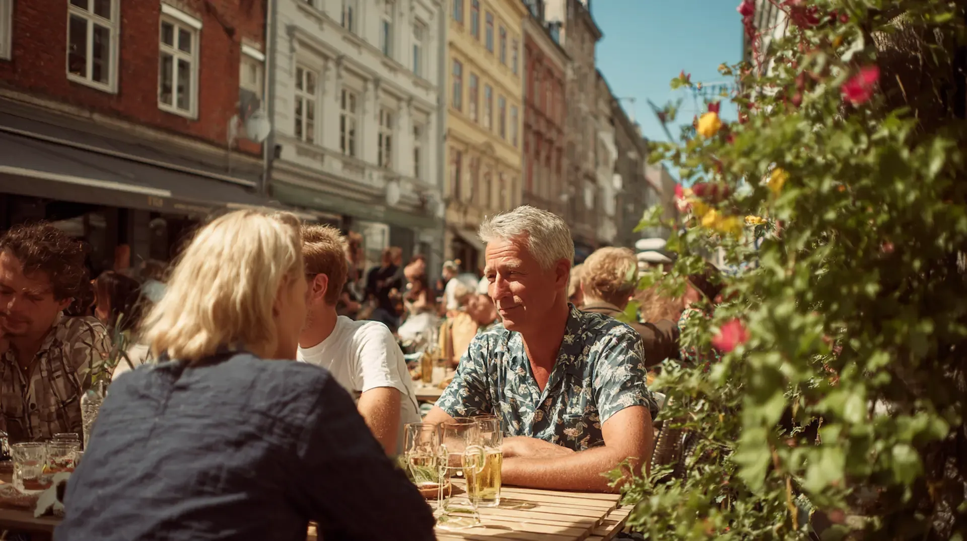 A candid moment of adults enjoying everyday life in a modern European city.