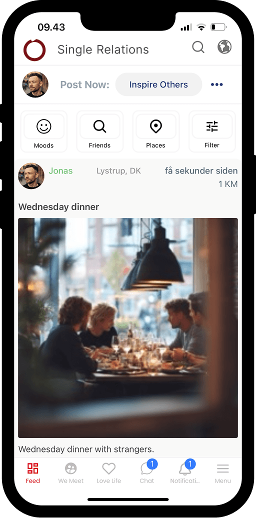 Single Relations app feed showing a real user post