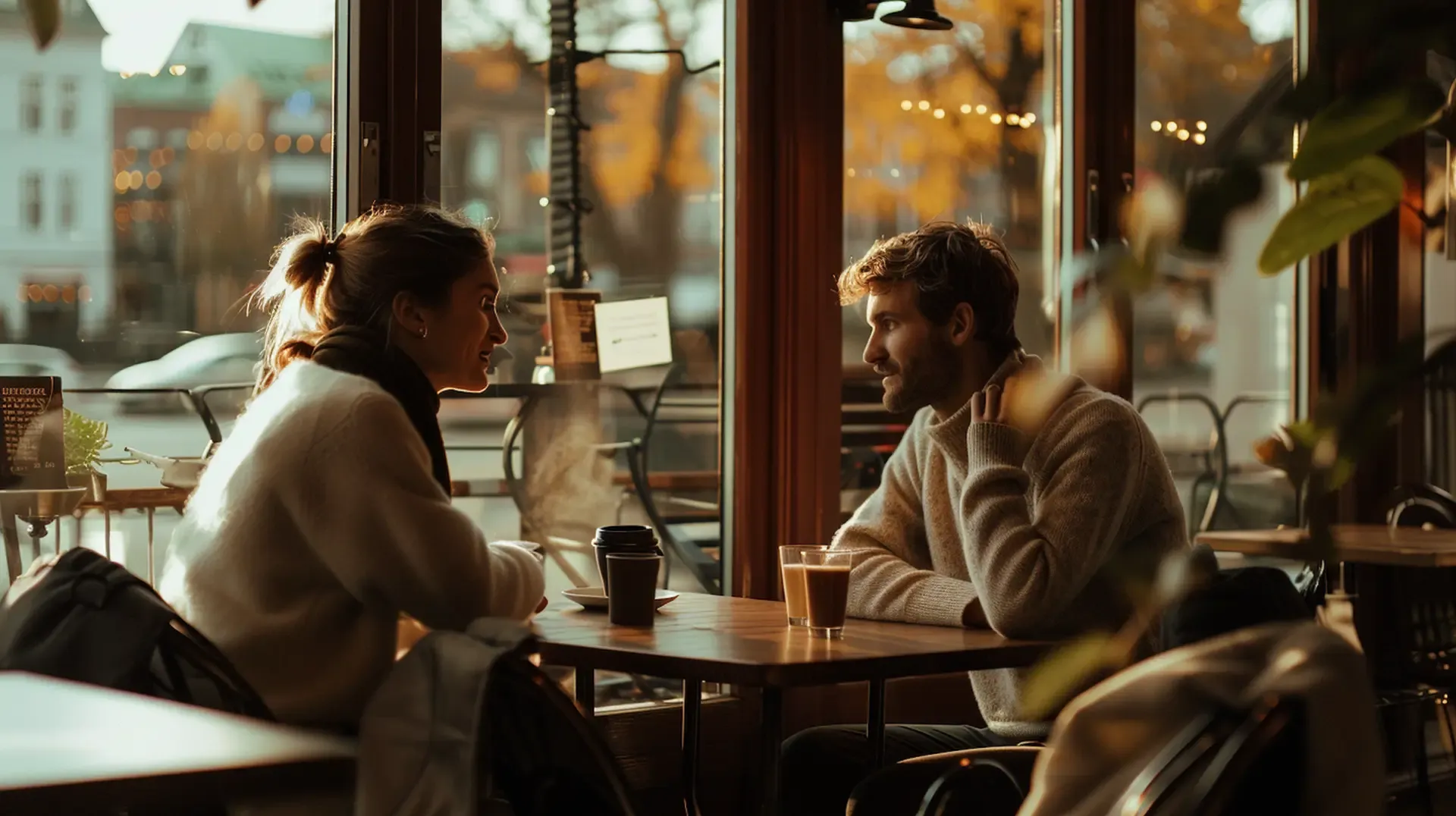To mennesker i 30erne taler engageret sammen over kaffe på café med naturligt lys