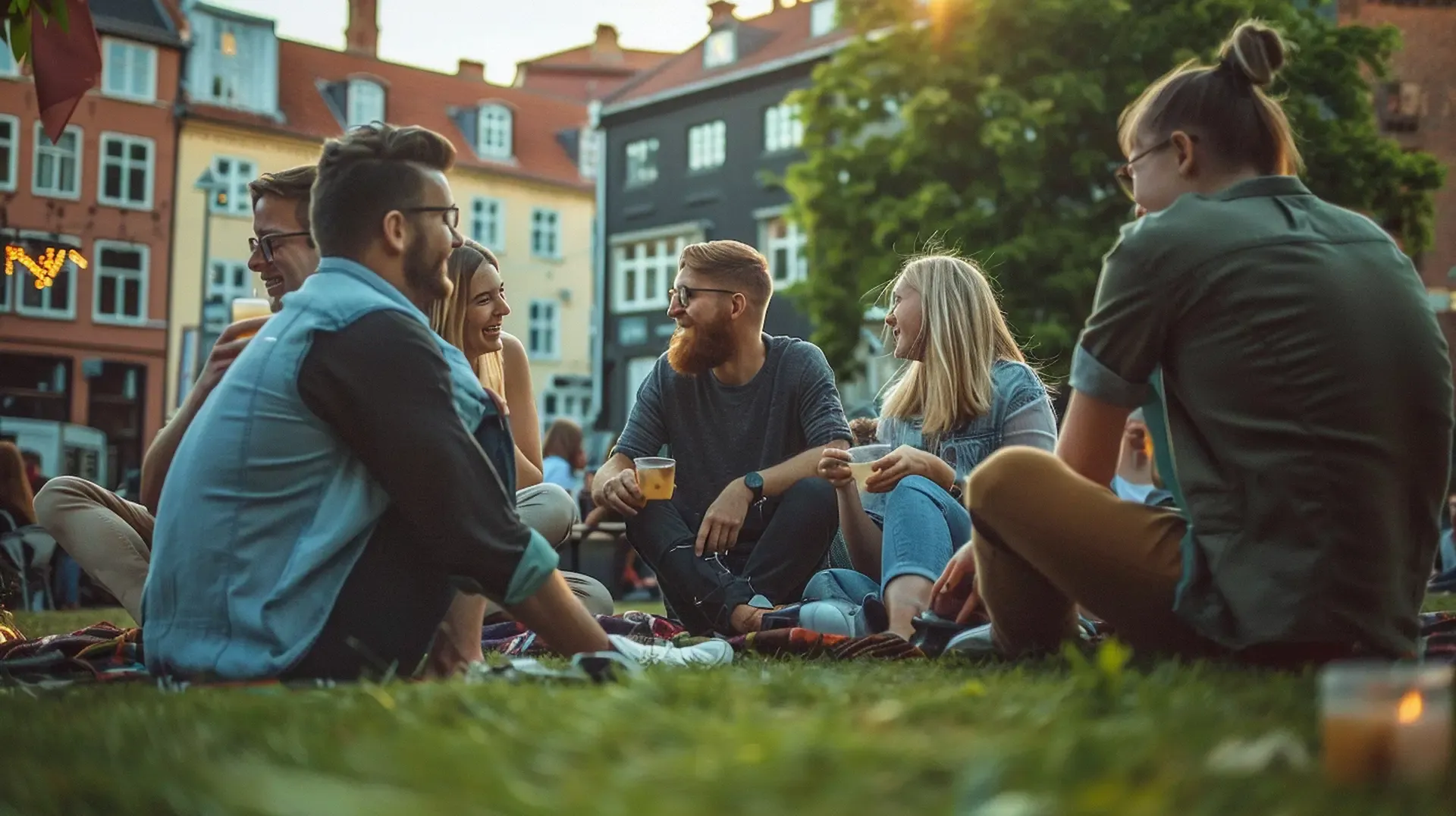 Gruppe af singler sidder på Hipsterhøjen i Aarhus Latinerkvarter en sommeraften med historiske bygninger i baggrunden
