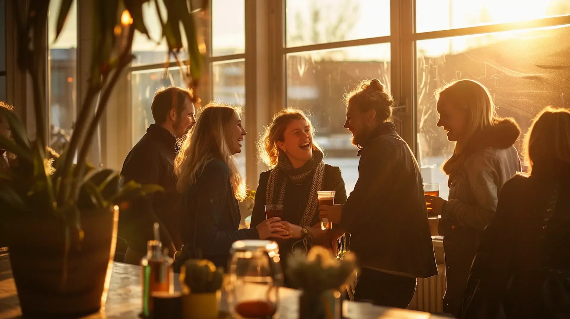 Gruppe af singler i 30erne griner sammen ved et socialt event i et varmt oplyst lokale i København