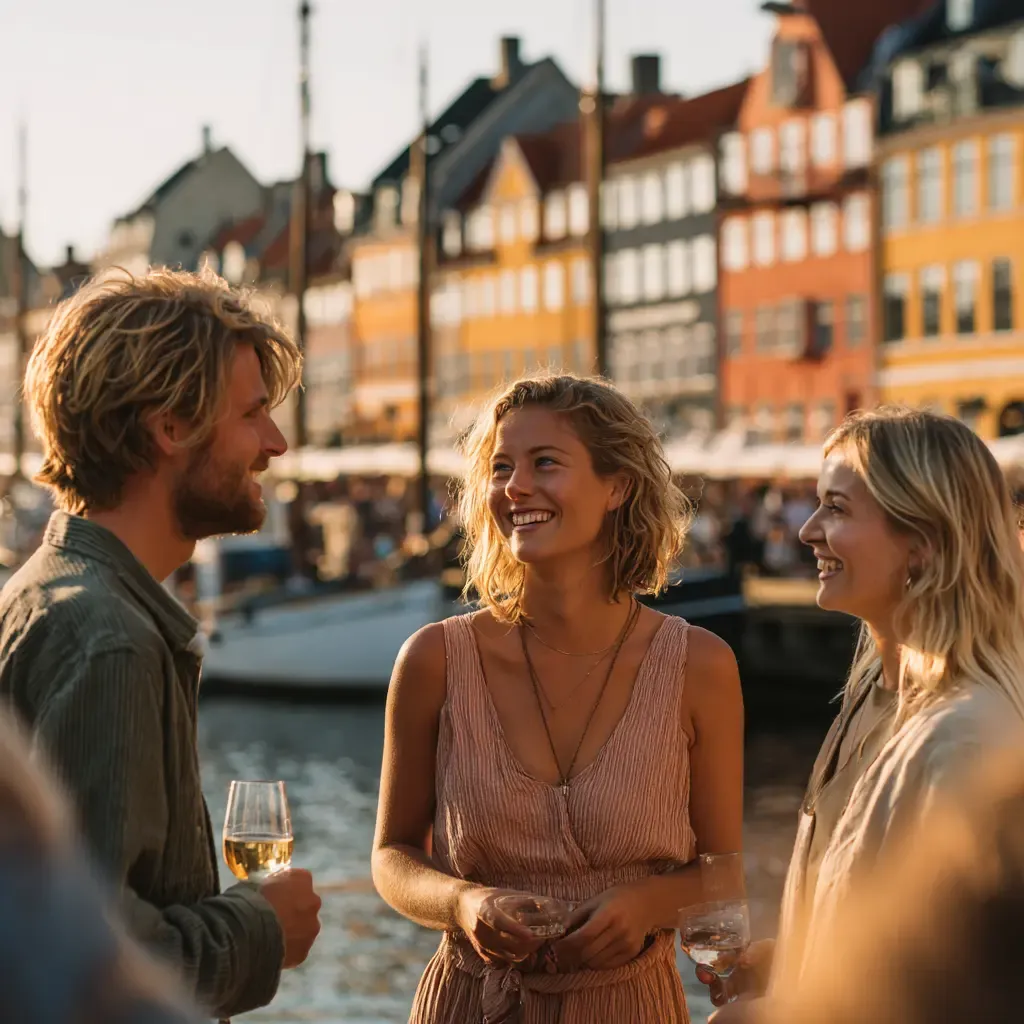Gruppe af singler i 30erne til after work-event ved Nyhavn i København med gylden aftensol